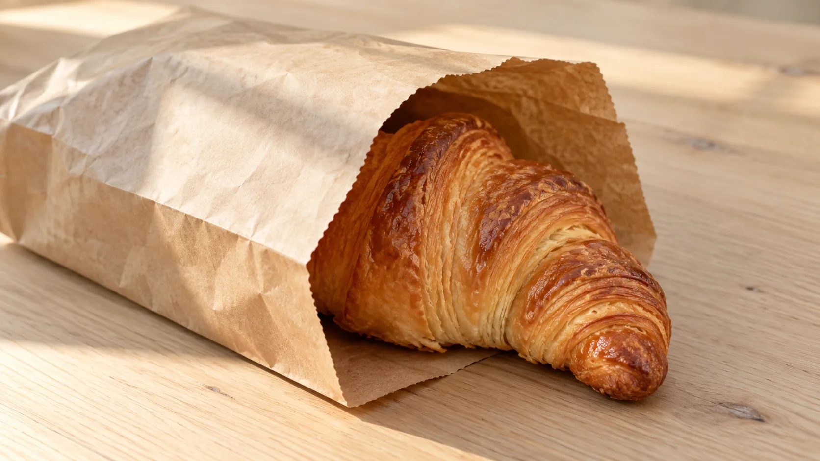 Un croissant dans un sachet kraft ouvert, sur une table en bois, sans marque.