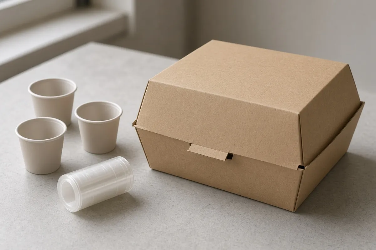 Boîte alimentaire ouverte et papier, sur une table, sans marque lisible